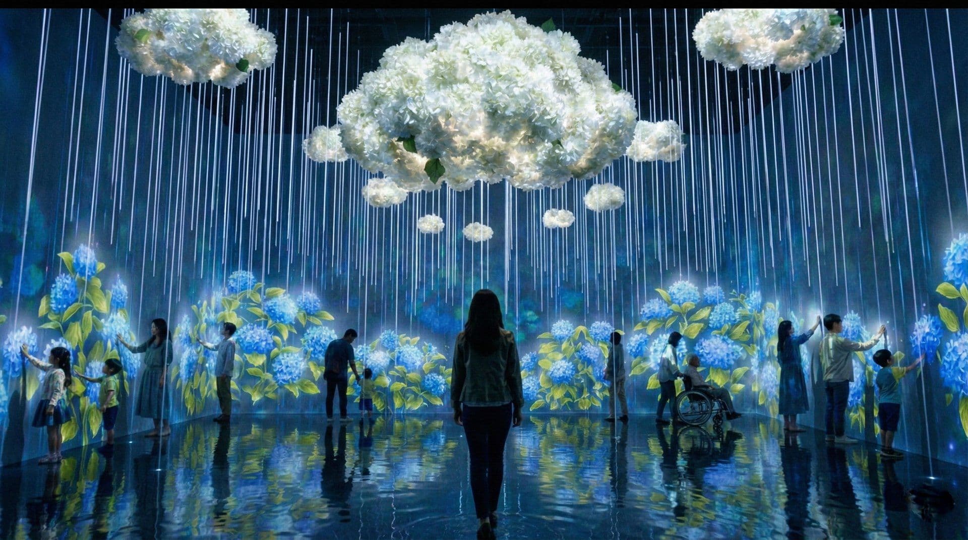 Raindrop garden — hydrangea clouds raining threads of light over visitors