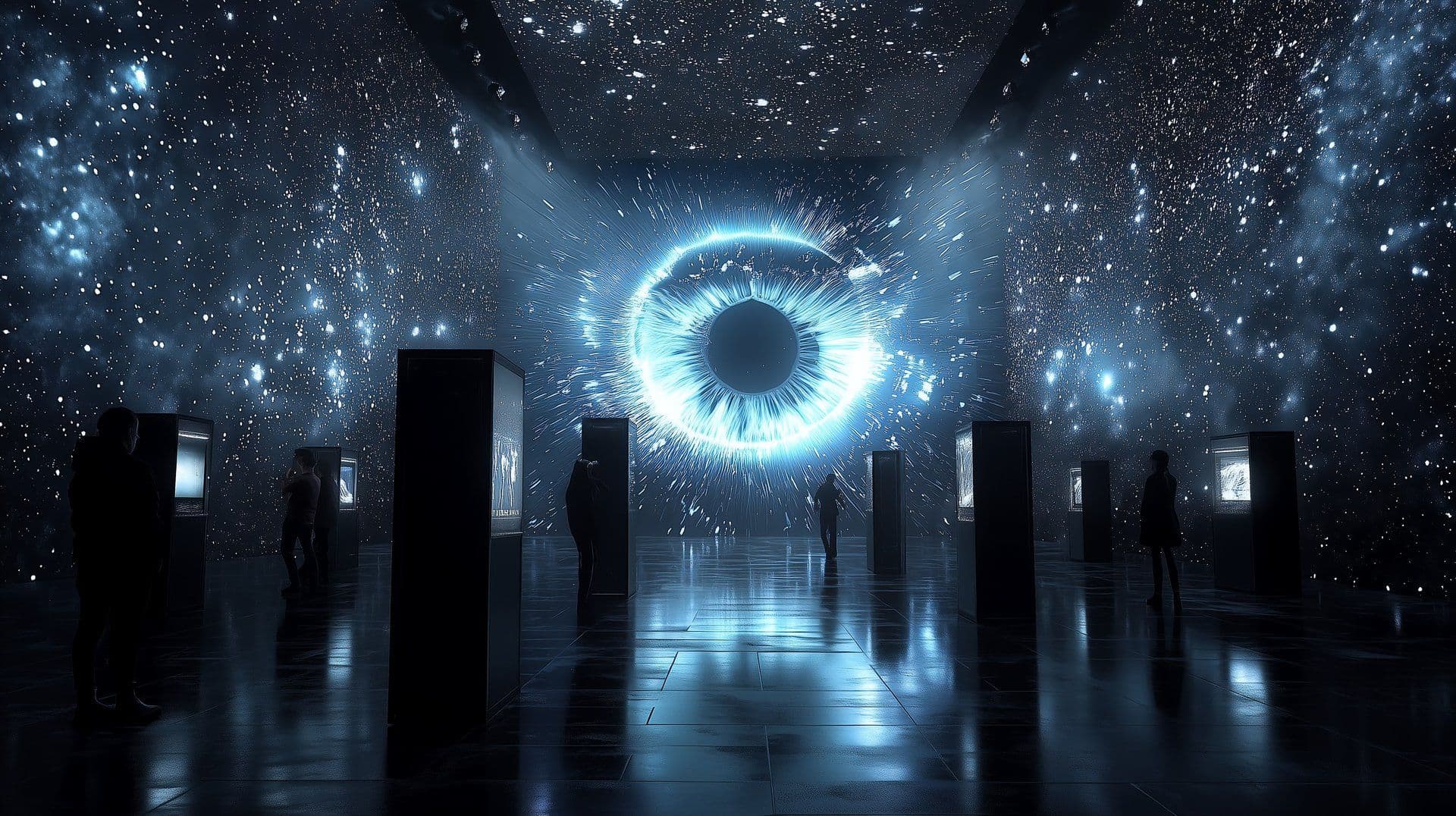00-SCOPE key visual — an iris of light in a starfield exhibition hall
