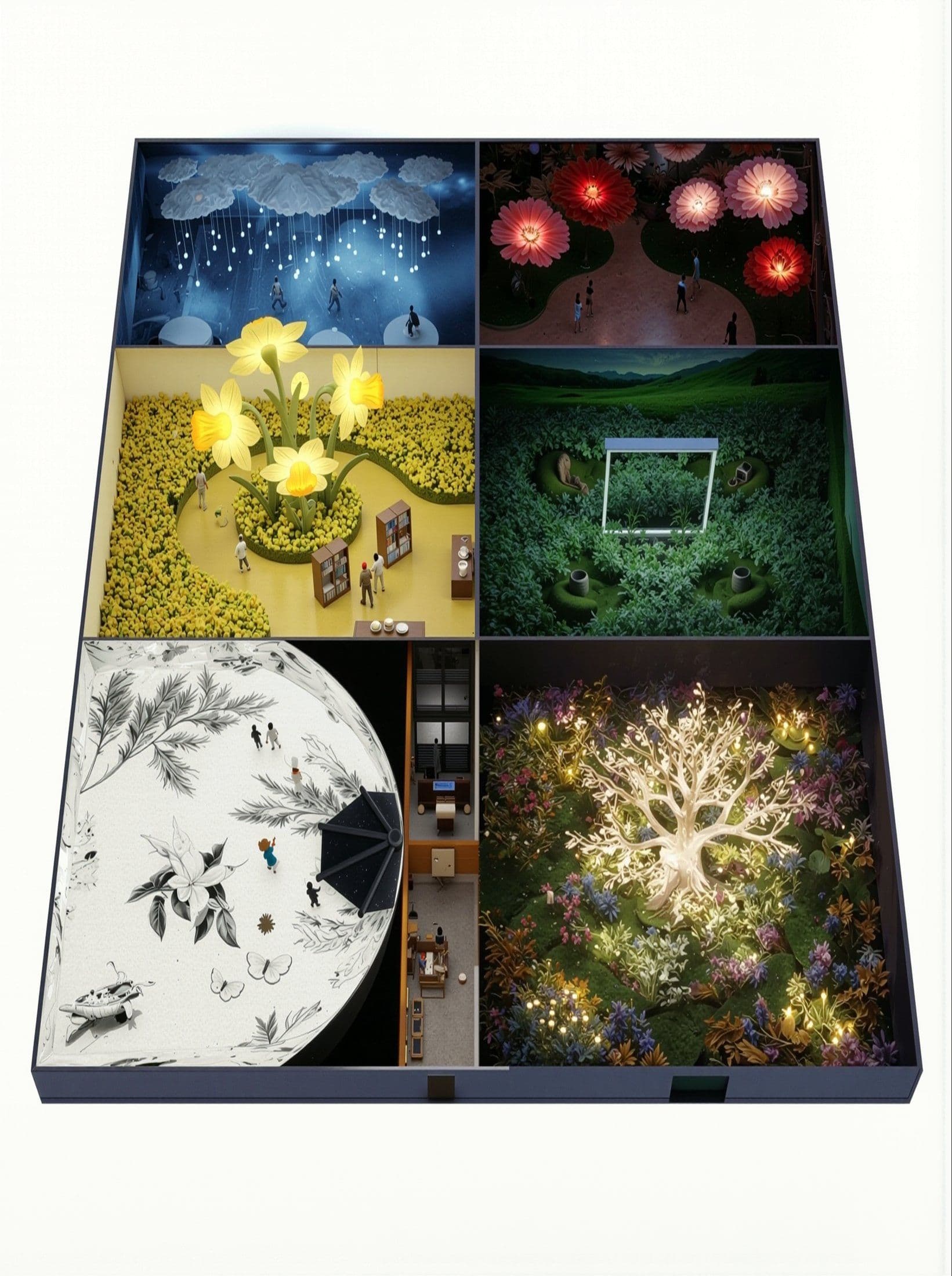 Isometric key visual of the six healing garden zones — The Healing Garden of Gods, Taean