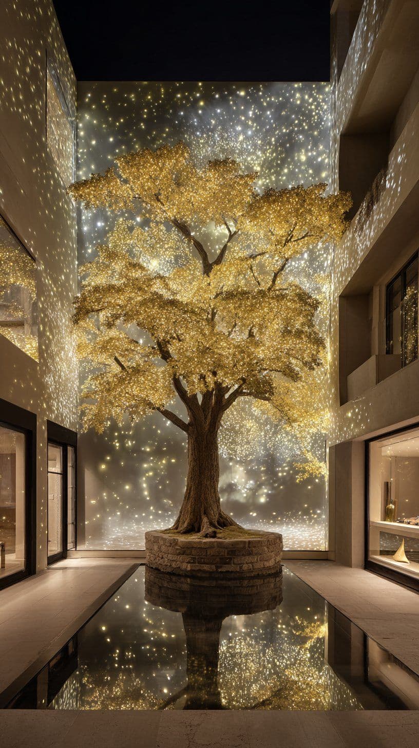 A massive ginkgo tree of light projected in a courtyard — AI visual for Osam's Hideout