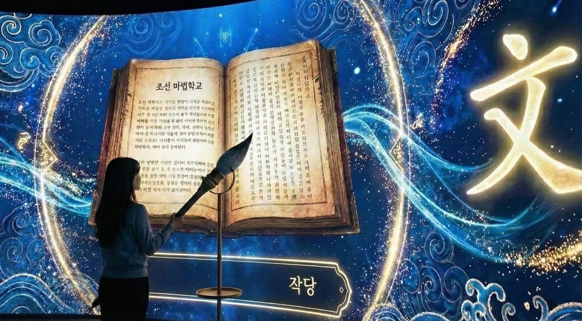 Joseon Magic School key visual — a visitor raises a brush wand before a giant glowing spellbook on a curved media wall