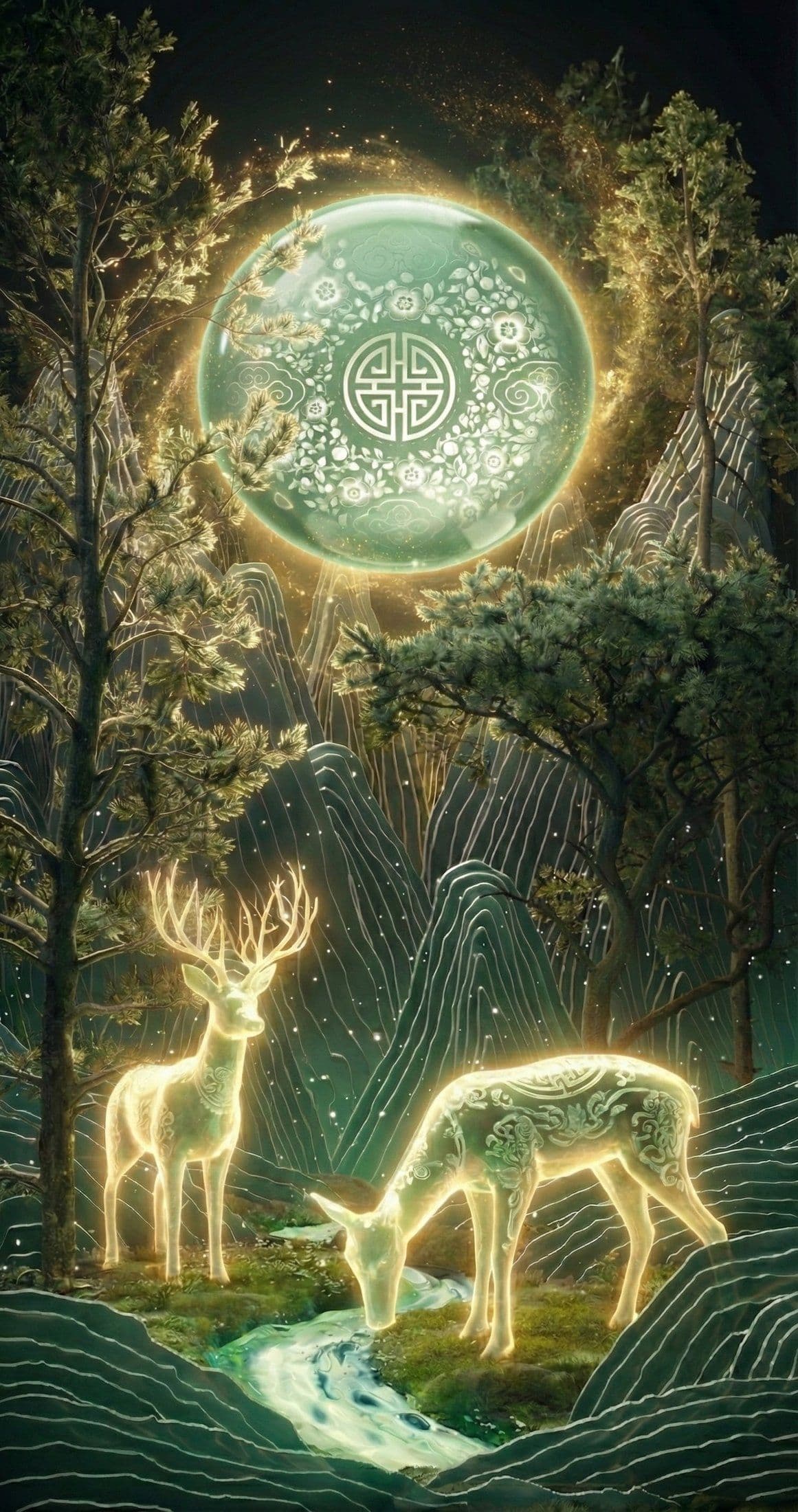 Jade deer beneath a celadon moon — AI key visual
