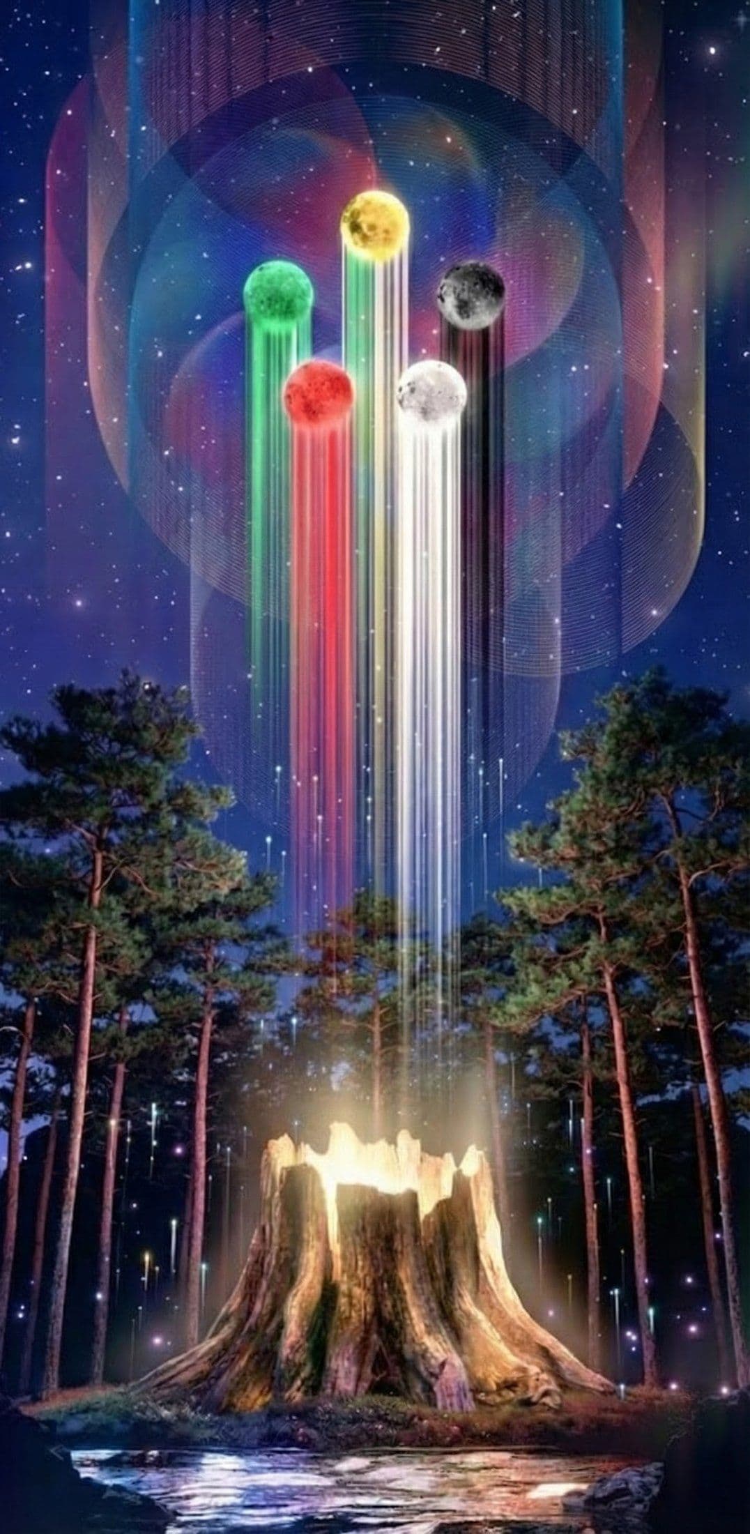 The Five Moons rising over a glowing tree stump in the pine forest